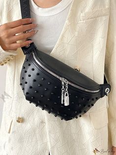 Bird in Bag - Womens Fashion Waist Bags: Punk Style Rivet Chest Bag with PU Leather Exterior - Versatile Shoulder Bag, Crossbody Bag, and Phone Purse - Elegant Fanny Pack for Ladies Large Capacity Faux Leather Shoulder Bag, Punk Leather Bags With Rivets, Faux Leather Bags With Rivets For Everyday Use, Black Shoulder Bag With Rivets, Faux Leather Rivets Bag For Everyday Use, Everyday Faux Leather Bags With Rivets, Daily Use Satchel Bag With Rivets, Daily Use Satchel With Rivets, Trendy Leather Pouch With Large Capacity