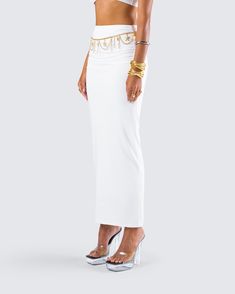 A white maxi skirt is a staple that everyone needs 🙌 With a simple and sleek design, this look is perfect for dressing up or down for any occasion. Made from a slinky jersey fabric, and complete with a mid-rise fit and ruching details 🤍 Jersey Maxi Skirt, White Maxi Skirt, White Maxi Skirts, Dressing Up, White Maxi, White Jersey, Cargo Pant, Charm Set, Jersey Fabric