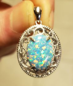 Big Beautiful Teal Mint Lab Created Opal 12x16mm See Video! Gorgeous 925 Sterling Silver Rococo Necklace. Great Gift! Gift Box Included. Silver Oval Necklace With Bail, Rococo Necklace, Natural Opal Ring, Fire Opal Necklace, Fire Opal Ring, Opal Necklace, Natural Opal, Black Opal, Rococo