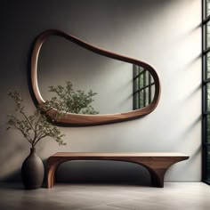 a wooden table sitting next to a large mirror on top of a wall near a vase with a plant in it