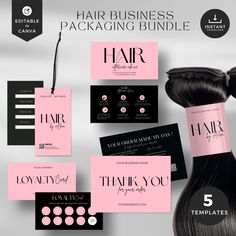 "Introducing our Hair Bundle Wrap and Branding Kit - the ultimate solution for elevating your hair business packaging and customer experience! 🌟 Key Features: 🎀 Hair Bundle Wrap: Give your hair bundles a professional and luxurious touch. 🏷️ Hair Bundle Tag Template: Easily create eye-catching custom tags that reflect your brand's unique style. 🎨 Custom Tag Design: Tailor your branding for a distinctive look that sets you apart. 👑 Hair Loyalty Card: Reward your cherished customers with exclusive benefits and discounts. ⚫️ Pink and Black Elegance: Timeless design elements for a sophisticated and versatile aesthetic. ️ Hair Aftercare: Provide essential tips for maintaining and maximizing the lifespan of their gorgeous locks. 🪄 Canva Compatible Templates: Effortlessly customize materials Hair Bundles Business Ideas, Packaging For Hair Extensions, Hair Business Packaging Ideas, Hair Packaging Ideas, Hair Business Packaging, Hair Extension Business, Hair Branding, Business Hair, Hair Business Cards