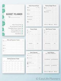 the printable budget planner is displayed on a blue background with green flowers and leaves