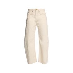 B SIDES "Lasso" bow-leg jeans featuring a raw hem in off-white denim  Low-rise; sits at hip Four-pocket style Relaxed fit Ankle length Button/zip fly; belt loops Cotton Made in USA Cream Cropped Leg Fall Jeans, Cream Cropped Leg Jeans For Fall, Fall Cream Cropped Leg Jeans, White Jeans With Belt Loops For Fall, Beige Straight Leg Jeans With Frayed Hem, Cream Denim Pants With Five Pockets, Cream Five-pocket Jeans For Work, Chic Beige Jeans With Five Pockets, Casual Cream Cropped Leg Jeans