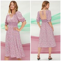 Floral Print Dress In Lavender Features Short Sleeves, Elastic Waist, Back Cut Out Polyester Fitted Lavender Midi Dress For Garden Party, Fitted Purple Summer Midi Dress, Lavender Midi Dress For Garden Party, Fitted Lavender Floral Print Midi Dress, Spring Lavender Flowy Midi Dress, Feminine Lavender Midi Dress For Garden Party, Mauve V-neck Midi Dress For Spring, Spring Mauve Midi Dress, Lavender Floral Print Midi-length Dresses