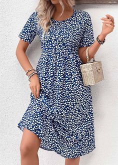 Pocket Ditsy Floral Print Navy Round Neck Dress Floral Dress Outfit Summer, Womens Fashions, Beach Bridesmaid Dresses, Cheap Plus Size Clothing, Ditsy Floral Dress, Floral Printing, Round Neck Dress, Everyday Dress, Ditsy Floral Print