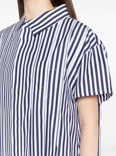 Short Sleeve Shirt With Striped Collar For Work, Striped Shirt For Summer Workwear, Summer Workwear Shirt With Contrast Stripes, Vertical Stripes Shirt For Summer Workwear, Summer Work Shirt With Striped Collar, Summer Workwear Shirt With Striped Collar, Yoko London, Cotton Poplin Shirt, Asymmetrical Tops