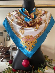 Vintage Silk Scarf  Size : 35 × 35 inches Handbag Scarf, Bandana Hair, Blue Silk Scarf, Silk Bandana, Scarf Head, Vintage Silk Scarf, Scarf Silk, Bandana Hairstyles, Hair Scarf