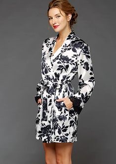 Indulgence Silk Wrap - Luxury Short Robe with Lace | Julianna Rae Elegant Floral Print V-neck Sleepwear, Elegant Floral V-neck Sleepwear, Elegant Wrap Kimono With Floral Print, Elegant Floral Print V-neck Kimono, Elegant Floral Print Wrap Robe, Elegant Night Robe For Spring, Elegant Spring Night Robe, Elegant Shawl Collar Loungewear Robe, Elegant Shawl Collar Robe For Loungewear