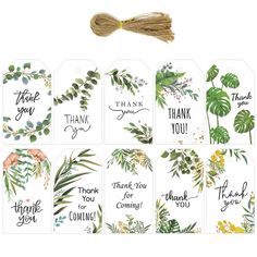 thank you gift tags with greenery and flowers on them, one has a tassel