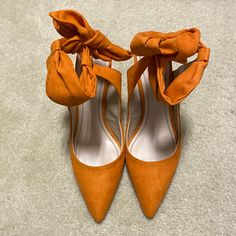 Never Used Orange Closed Toe Elegant Heels, Chic Orange Closed Toe Heels, Elegant Orange Closed Toe Heels, Zara Pointed Toe Heels With Wrapped Heel, Zara Heels With Wrapped Heel And Pointed Toe, Chic Orange Ankle Strap Heels, Orange Closed Toe Heels With Wrapped Heel, Chic Orange Heels With 4-inch Heel, Chic Orange Heels With Padded Heel