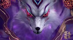 a white wolf with red eyes standing in front of purple and gold ornaments on it's head