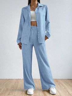 Ladies' Solid Color Casual Shirt And Long Pants Two-Piece Set Baby Blue Casual  Long Sleeve Fabric Plain,Striped  Non-Stretch  Women Clothing, size features are:Bust: ,Length: ,Sleeve Length: Temu App, Khaki Fashion, Pants Outfits, Blouse Pants, Elastic Waist Pants, Plain Shirts, Modern Outfits, Button Front Shirt, Pant Shirt