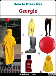 a person in yellow raincoat and rubber boots with text overlay that says how to dress like george