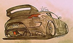 a drawing of a sports car with the hood up and tail lights on it's side