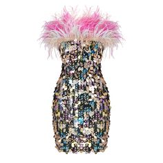 Upgrade your wardrobe with our stylish Feather Trim Sequined Tube Dress. This purple mini dress is adorned with feather trim and sparkling sequins, making it perfect for any special occasion. Stand out from the crowd with this elegant and glamorous dress. Fabric: Slight Stretch Material: Polyester Fiber Sequin Mini Flapper Dress For Party Season, Sequin Mini Dress For Costume Party, Glamorous Flapper Dress For Club Party Season, Glamorous Flapper Dress For Party Season, Glamorous Flapper Dress For Club Parties, Glamorous Mini Sequin Dress For Costume Party, Glamorous Feather Trim Flapper Dress For Evening, Chic Sequined Dress For Costume Party, Elegant Party Flapper Dress With Feather Trim