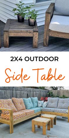 outdoor furniture made out of pallets and wood with text overlay that reads, 2x4 outdoor side table