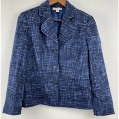 Coldwater Creek Size 8 Womens Blue Black Tweed Button Up Long Sleeve Blazer Jacket Nwt Approximate Flat Lay Measurements -19.5” Pit To Pit -25” Length (355e) Distressed Jacket, Beige Jacket, Belted Blazer, Black Tweed, Button Up Long Sleeve, Petite Jacket, Floral Jacket, Cotton Blazer, Distressed Denim Jacket