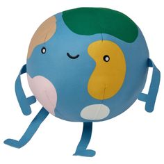 a blue and yellow stuffed animal with one foot on it's head, arms and legs