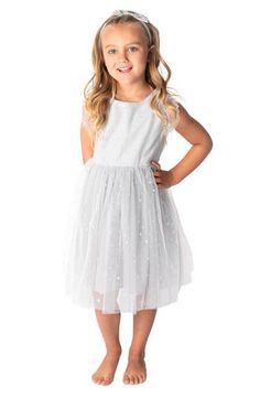 Your little trendsetter will sparkle at their next special occasion in a tulle-skirt party dress framed by ruffled cap sleeves and dotted with shimmery circles. Cotton lining 100% nylon Hand wash, line dry Imported Holiday Tulle Dress With Ruffles, Tulle Holiday Dress For Party Season, Fitted Glitter Tulle Tutu Dress For Summer, Festive Tulle Holiday Dress For Party Season, Fitted Glitter Tulle Dress For Festive Occasions, Tulle Dress With Flutter Sleeves For Dress-up, Tulle Dress With Flutter Sleeves For Party, Spring Holiday Dress With Ruffles For Festive Occasions, Spring Festive Holiday Dress With Ruffles