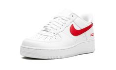 The Supreme x Nike Air Force 1 Low “Shanghai” is a collaboration by the “World Famous” streetwear brand and Nike that celebrates the former’s first-ever retail location in China.  Released exclusively at Supreme Shanghai, the shoe at hand features a white leather upper contrasted with a Speed Red leather Swoosh on the sides.  A classic Supreme Box Logo is stamped in red on the lateral side of the heel.  The shoe’s two-tone, white-and-red color scheme is a nod to the colors of China’s national fl Supreme X Nike, Supreme Box Logo, Red Color Schemes, Nike Air Force 1 Low, Stadium Goods, Box Logo, Air Force 1 Low, The Supreme, Nike Air Force 1