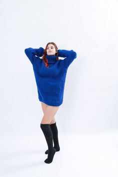 "Make a definite statement with your style by completing a cool outfit with this blue turtleneck wool sweater that has a distinctive design that will add an edgy detail to a fashion-forward look. The chunky knit and slightly oversize loose fit has 2 layers of high quality wool that's made for comfort and good visual look. DETAILS - Made from 100% high quality wool - The sweater is knitted of high quality premium wool - The model is 170 cm tall (regular S) - The sweater on picture is size XL-2XL Oversize Knit Cardigan, Blue Wool Sweater, High Knee Socks Outfit, Cable Knit Socks, Blue Turtleneck, Chunky Turtleneck Sweater, Chunky Jumper, Oversize Pullover, Sock Outfits