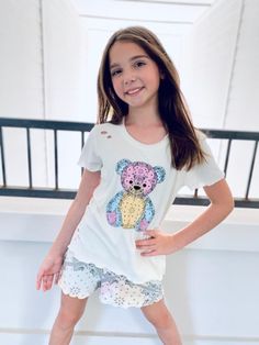 Paper Flower Colorful Bear Distressed Tee Casual Pink T-shirt For Pajama Party, Cute Stretch T-shirt, Casual Cartoon Print Tops For Pajama Party, Playful Multicolor Tops For Pajama Party, Cute Spring Graphic Print Sleepwear, Fun White Tops For Sleepover, Cute Stretch Sleepwear, Spring Cartoon Print Tops For Sleepover, Cartoon Print Tops For Sleepover In Spring