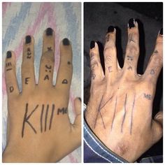 two different hand tattoos on the left and right sides of their hands with words written on them