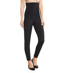 Get a sleeker, sexier silhouette in seconds with this high-waisted slimming pant. Made of an exclusive special blend of nylon and spandex. Encased elastic around the high waist. Flattens the tummy and smooths out the love handles to eliminate "muffin top." Lifts your butt for a firm, shapely appearance. Tones up your calves and thighs for a firmer look. Supports your posture and back. Glossy microfiber knit has 4-way stretch for a flexible fit. Center seam contours to your body for an overall be Tight Elastane Pants With Contoured Waistband, Fitted Shapewear Bottoms, Black Fitted Elastane Pants, Black Pants With Contoured Waistband In Elastane, Sleek High Waist High Stretch Leggings, Elegant High-stretch Elastane Shapewear, Versatile Fitted Shapewear With Smoothing Details, Versatile Fitted Smoothing Shapewear, High Waist Smoothing Tights Shapewear