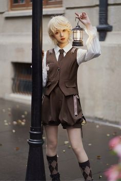 Rabbit Detective Ouji Brown Waistcoat + White Shirt + Brown Overall Shorts Set Brown Waistcoat, Detective Outfit, Shirt With Tie, Strap Pants