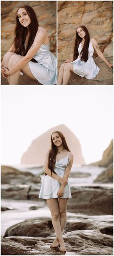 a woman sitting on top of a rock next to the ocean