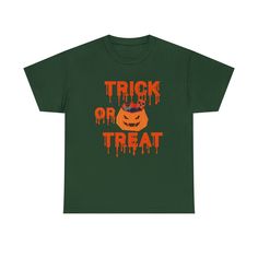 Get ready to be the life of the party with our Halloween t-shirt! Our exclusive design of pumpkins and a terrifying but fun Trick or Treat writing. Wearing this t-shirt on Halloween will make you stand out at any Halloween celebration. Plus, our premium heavy cotton unisex T-shirt is comfortable and durable, meaning you'll be able to wear it over and over again. Don't worry about fashion, this t-shirt is always in style! Casual fashion is the trend of the season and our t-shirt is perfect for an Funny Halloween T-shirt For Streetwear, Funny Halloween Streetwear T-shirt, Green Halloween T-shirt For Streetwear, Halloween Novelty T-shirt For Streetwear, Halloween Funny Print Orange T-shirt, Novelty Halloween T-shirt For Streetwear, Orange Halloween T-shirt With Funny Print, Halloween Orange Graphic Print T-shirt, Orange Funny Print T-shirt For Halloween