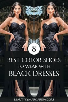 If you don’t know what color shoes to wear with your black dress, you’ve come to the right place! In this guide, you’ll find the best shoe color suggestions for any occasion, whether it’s a fancy evening party, prom, or casual event. Silver Shoes Outfit, Outfit Nero, Black Dress With Heels, Hot Pink Shoes, Silver Prom Dress, Gorgeous Black Dress, White Strappy Sandals, Black And Silver Dress, Black Dresses Classy