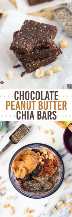 chocolate peanut butter chia bars are stacked on top of each other