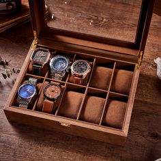 Our personalized engraved watch storage case gives a luxurious look that will make him feel like royalty and will keep all his watches safe and easy to find when needed. This exquisite keepsake features suede pillows that hold up watches, beautiful craftsmanship and a genuine beautifully engraved glass top. Crafted by artisans who take pride in their workmanship, these boxes are elegant enough for display even when empty. With the laser engraving feature, one can easily personalize the watch box Wood Watch Box, Watch Safes, Mens Watch Box, Watch Organizer, Personalized Watches, Groomsmen Gifts Personalized, Watch Storage Box, Watch Storage, Watch Box