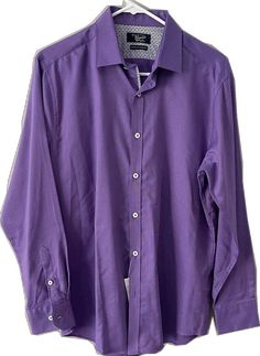 Long Sleeve Cotton Dress Shirt With Buttons, Purple Cotton Dress Shirt For Work, Purple Shirt With Button Cuffs Long Sleeve, Purple Shirt With Button Cuffs And Long Sleeves, Purple Long Sleeve Shirt With Button Cuffs, Purple Button-up Top With Buttons, Button-up Business Tops, Purple Long Sleeve Business Casual Top, Classic Purple Cotton Dress Shirt