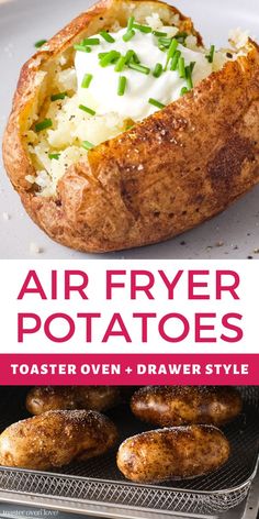 Baked potato topped with Greek yogurt and chopped chives and oiled potatoes baking in an air fryer toaster oven basket. Homemade Sweet Potato Fries, Air Fryer Potatoes, Air Fry Potatoes, Air Fryer Baked Potato, Cooks Air Fryer, Homemade French Fries, Air Fryer Oven Recipes, Air Fryer Oven, Air Fry Recipes