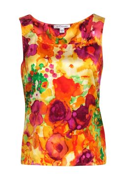 Current Boutique-St. John - Multicolor Watercolor Floral Print Tank Sz P Orange Silk Tops For Spring, Spring Orange Silk Top, Orange Silk Top For Spring, Silk Spring Tank Top, Spring Silk Tank Top, Spring Silk Sleeveless Tank Top, Silk Sleeveless Tank Top For Spring, Spring Floral Print Multicolor Tank Top, Multicolor Spring Vacation Tank Top