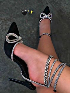 Bow Heels Outfit, Expensive Heels, Black And Silver Heels, Bling Heels, Rhinestone High Heels