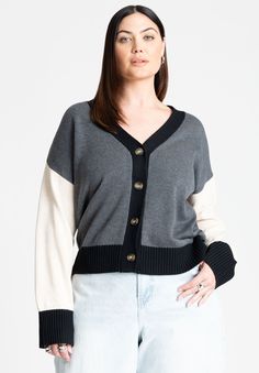 Colorblocked Boxy Cardigan with Button Placket, Heather Grey V-neck Color Block Outerwear For Fall, Fall V-neck Color Block Outerwear, Winter V-neck Color Block Cardigan, V-neck Color Block Cardigan For Layering, Boxy Cardigan, Aztec Print Cardigan, Tunic Sweatshirt, Maxi Slip Dress, Half Zip Sweaters