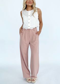 Introducing our woven pants, featuring a flattering pleated design and high-waisted fit for a professional, chic look. Complete with pocket details, button and zipper closure, and a straight leg, these pants offer both style and functionality. Elevate your wardrobe with a pop of color and versatile, sophisticated design that's perfect for work, dinner, or drinks. Experience luxurious comfort and elevated style with these trendy, classy pants. Self 80% Polyester 15% Rayon 5% Spandex Hand wash col Teen Work Outfits, Chic High Waist Wide Leg Pants With Welt Pockets, Business Casual Ankle-length Dress Pants With Button Closure, Spring Business Casual Pants With Button Closure, Business Casual Ankle-length Pants With Button Closure, Straight Dress Pants With Button Closure For Work, Ankle-length Business Casual Pants With Button Closure, Business Casual High-waisted Wide Leg Pants, Chic Solid Color Straight Leg Chinos