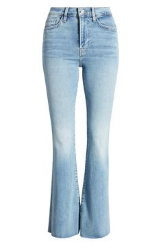 Raw hems relax the style of mid-rise flare jeans made from soft, lightweight stretch denim in a casual medium wash. 31" inseam; 21" leg opening; 11" front rise; 15" back rise (size 29) Zip fly with button closure Five-pocket style 63% organic cotton, 27% cotton, 5% recycled polyester, 5% elastane Machine wash, dry flat Imported Mid Rise Flare Jeans, Hairstyling Products, Rollerball Perfume, Beauty Sale, Fragrance Design, Nordstrom Store, Family Traditions, Fabric Gifts, Free Fabric