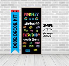 a black door with colorful words on it and a blue ribbon hanging from the front