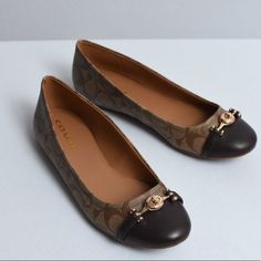 Brand New Genuine Coach Flats. Very Versatile. Brown And Tan. Chic Brown Ballet Flats With Round Toe, Chic Brown Round Toe Ballet Flats, Brown Ballet Flats With Branded Insole And Round Toe, Brown Round Toe Ballet Flats With Branded Insole, Chic Coach Flats, Brown Ballet Flats With Comfortable Insole And Round Toe, Coach Flats, Shoes Color, Coach Shoes