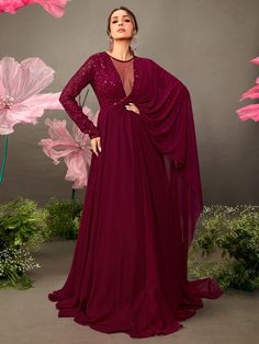 Maroon Floral Embroidered Gown with Draped Dupatta - Inddus.com Floral Embroidered Gown, Traditional Gowns, Designer Gown, Malaika Arora, Cute Casual Dresses, Solid Skirt, Diwali Festival, Dream Wedding Ideas Dresses, Festival Celebration