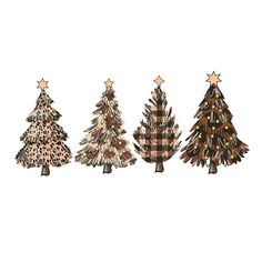 three wooden christmas trees are lined up against a white background