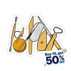 a pair of scissors and other items are on the white background with blue text that says buy 10 get 50 % off