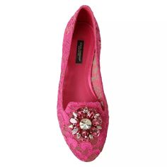 DOLCE & GABBANA Gorgeous preowned with tags 100% Authentic Dolce & Gabbana flats loafers. Model: Ballet Flats loafers Colour: Pink Leather bottom sole Crystal detailing on tip Logo details Made in Italy Material: 39% Cotton, 5% PA, 56% Viscose This item is preowned, there are signs of wear throughout (see pictures for details). This is the reason for the low selling price and a great opportunity to make a bargain. Loafer Shoes Women, Loafers Shoes, Dolce & Gabbana, Color Rosa, Pink Leather, Pink Lace, Loafers For Women, Mens Belts, Loafer Shoes