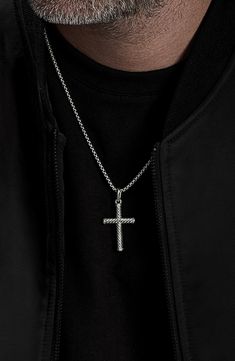 Sterling silver. Cross, 35 x 24mm. Chain sold separately. By David Yurman; made in the USA. Luxury Silver Cross Jewelry, Classic Silver Chain With Cross Pendant, Classic Stainless Steel Jewelry With Cross Pendant, Cross Chain Men, Men Cross Necklace, Cross Necklace Men, Cross Necklace For Men, David Yurman Mens, Mens Cross Necklace