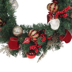 a christmas wreath with ornaments hanging from it