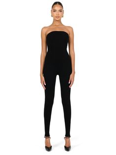 BLACK|0 Stretch Elastane Strapless Jumpsuit For Night Out, Stretch Strapless Elastane Jumpsuit For Night Out, Fitted Strapless Overall Jumpsuit For Night Out, Night Out Fitted Strapless Elastane Jumpsuit, Fitted Strapless Elastane Jumpsuit For Night Out, Stretch Strapless Jumpsuit In Solid Color, Sleek Stretch Jumpsuits And Rompers For Night Out, Sleek Stretch Solid Jumpsuits And Rompers, Black Fitted Strapless Jumpsuit In Elastane